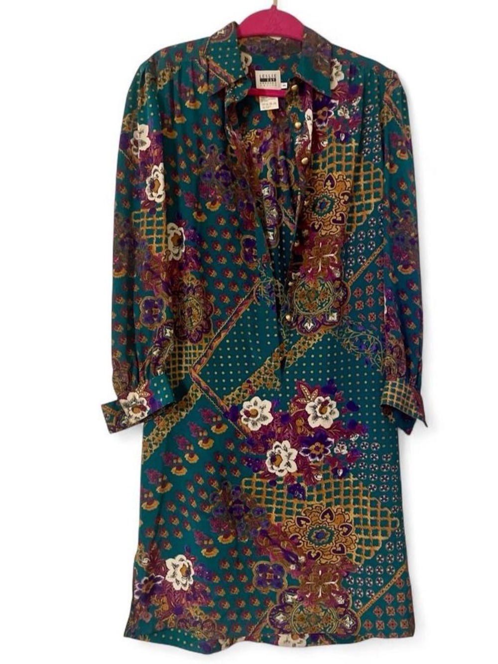 Vintage Leslie Fay Petite Silk Feel Teal Patchwork Scarf Shirt Dress 14